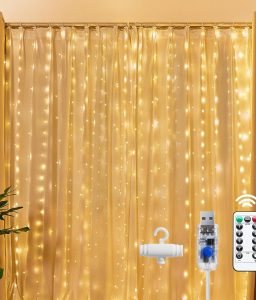 Brightown 300 LED Fairy Curtain Lights, 9.8ft x 9.8ft Warm White Curtain String Lights, USB Plug in 8 Lighting Modes Christmas Decoration, Hanging Lights with Remote for Bedroom Indoor Weddings Dorm