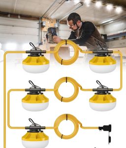 HYPERLITE Construction String Lights: 50FT 5 Bulbs Work Lights with Climbing Hooks - IP65 Waterproof Linkable LED Industrial Temporary Lighting for Construction Sites Attic Crawlspace Renovation